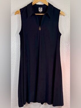 Anne Klein Black Sleeveless Polo Midi Dress with Gold Zip Pull